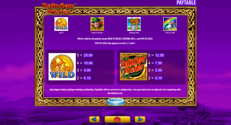 rainbow riches paytable