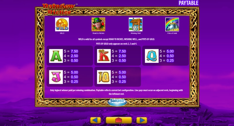 rainbow riches paytable 2